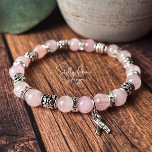 Rose Quartz Breast Cancer Awareness Elastic Bracelet| 8mm Light Pink Ribbon Awareness Jewelry| Breast Cancer Warrior| Mastectomy Gift
