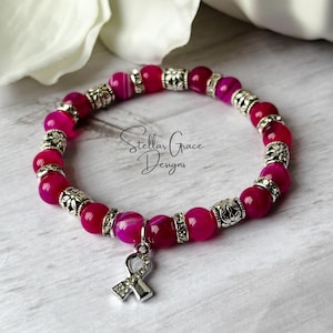Knock Out Breast Cancer Awareness Bracelet, 8mm Striped Fuschia Hot Pink Beaded Bracelet image 4