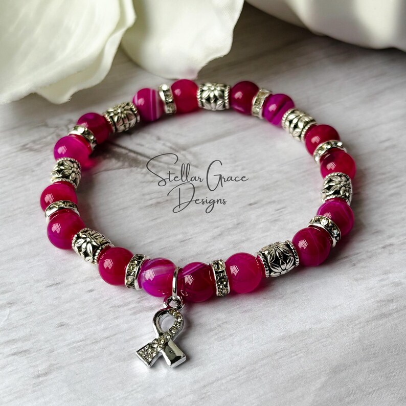 Knock Out Breast Cancer Awareness Bracelet, 8mm Striped Fuschia Hot Pink Beaded Bracelet image 4
