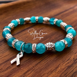 Teal Awareness Bracelet| Cervical & Ovarian Cancers, Scleroderma, Myasthenia Gravis, PTSD, PCOS, Awareness| 8mm Gemstone Beads