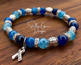 Blue Awareness Bracelet 8mm 6.75”| Mesothelioma, Colon Cancer, Prostate Cancer Dystonia, ME/CFS, Apraxia, Guillain Barré Awareness Bracelet|