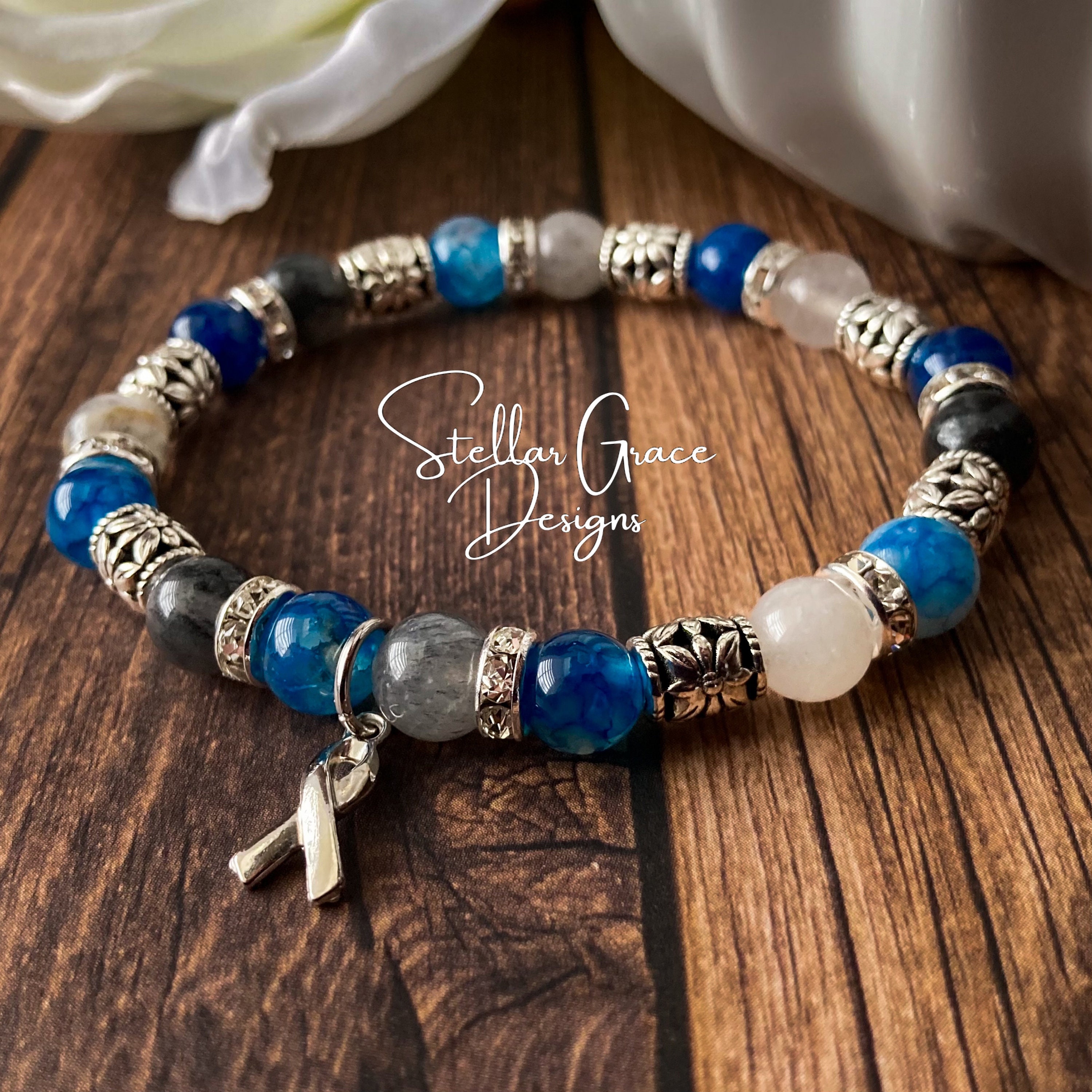 Diabetes Gemstone Awareness Bracelet| 8mm Blue Agate and Gray Quartz Beads| T1D Awareness| Custom Sizing Available
