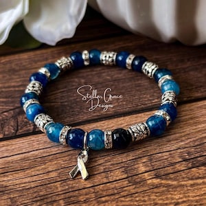 Blue Awareness Bracelet 8mm 6.75”| Mesothelioma, Colon Cancer, Prostate Cancer, Dystonia, ME/CFS, Apraxia, Guillain Barré Awareness Bracelet