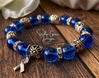 Blue Awareness Bracelet| Mesothelioma, ME/CFS, Apraxia, Angelman, Guillain Barré, Colon Cancer, Awareness| 10mm Blue Glass Beads 6.75”