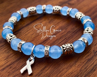 Light Blue Awareness Bracelet| Addison’s, Hashimoto’s, Trisomy 18, Graves Disease Awareness| 8mm Light Blue Chalcedony Beads 6.75”