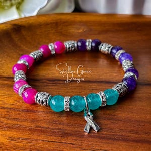 Thyroid Cancer Awareness Bracelet| Updated Design| 8mm Agate Elastic Bracelet 6.75”| Thyroidectomy Gift
