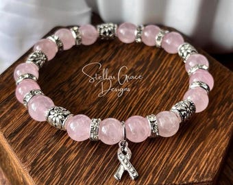 Rose Quartz Breast Cancer Awareness Elastic Bracelet| 8mm Light Pink Ribbon Awareness Jewelry| Breast Cancer Warrior| Mastectomy Gift
