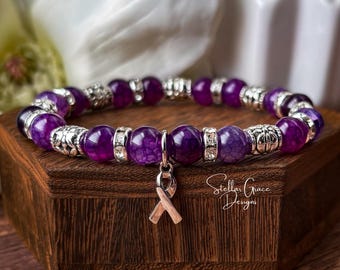Purple Agate Awareness Bracelet| Alzheimer’s,  Lupus, Pancreatic Cancer, Epilepsy, Crohns, Chiari, Sjogrens | 8mm Beads Custom Sizing