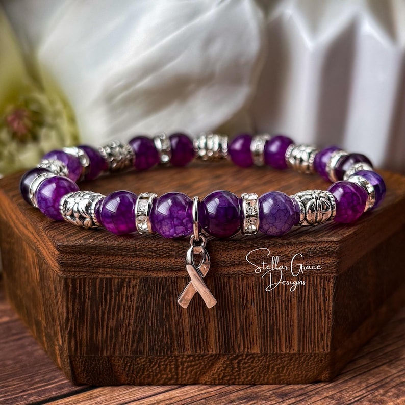 Purple Agate Awareness Bracelet| Alzheimer’s, Lupus, Pancreatic Cancer, Epilepsy, Crohns, Chiari, Sjogrens | 8mm Beads Custom Sizing image 1