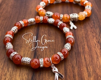 Leukemia, Multiple Sclerosis, FND, COPD, CRPS, Kidney Cancer, Emphysema, Elastic Awareness Bracelet 6.75”| Orange Fire Agate Gemstone