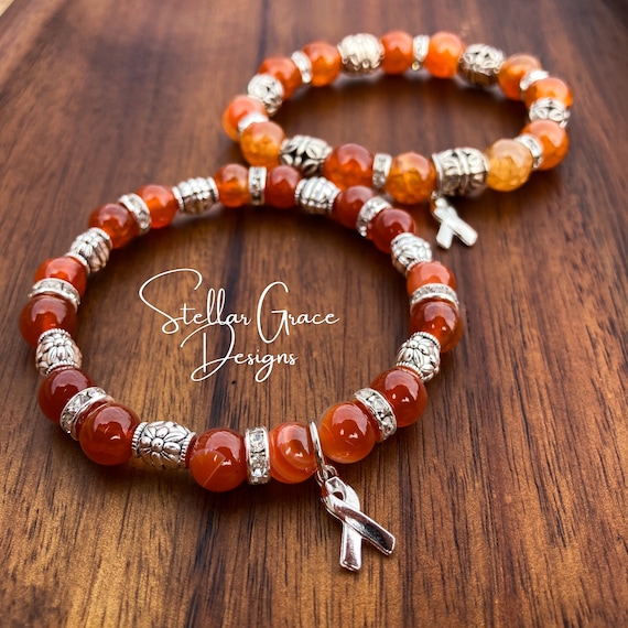 Leukemia, Multiple Sclerosis, FND, COPD, CRPS, Kidney Cancer, Emphysema, Elastic Awareness Bracelet 6.75”| Orange Fire Agate Gemstone