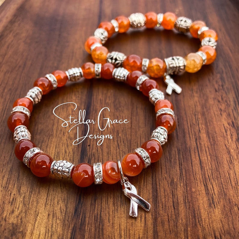 Leukemia, Multiple Sclerosis, FND, COPD, CRPS, Kidney Cancer, Emphysema, Elastic Awareness Bracelet 6.75”| Orange Fire Agate Gemstone image 1