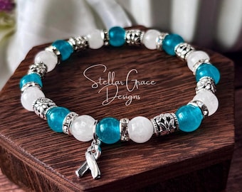 Cervical Cancer Awareness Bracelet| 8mm Amazonite & White Jade Gemstone Beads