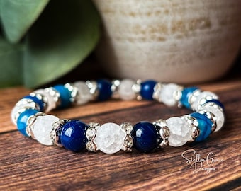 Sterling Silver ALS Awareness Bracelet| 8mm Blue Agate, White Quartz Beads & SS Czech Crystal Accents | Lou Gehrig’s Disease Support