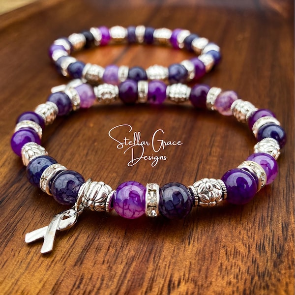 Purple Awareness Bracelet| Chiari, Lupus, Epilepsy, Sjogrens, Alzheimer’s, Cystic Fibrosis Awareness| 8mm Purple Agate Beads 6.75”
