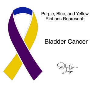 May include: Purple, blue, and yellow ribbon representing bladder cancer. The ribbon is tied in a loop with the ends overlapping. The text "Purple, Blue, and Yellow Ribbons Represent: Bladder Cancer" is written below the ribbon.