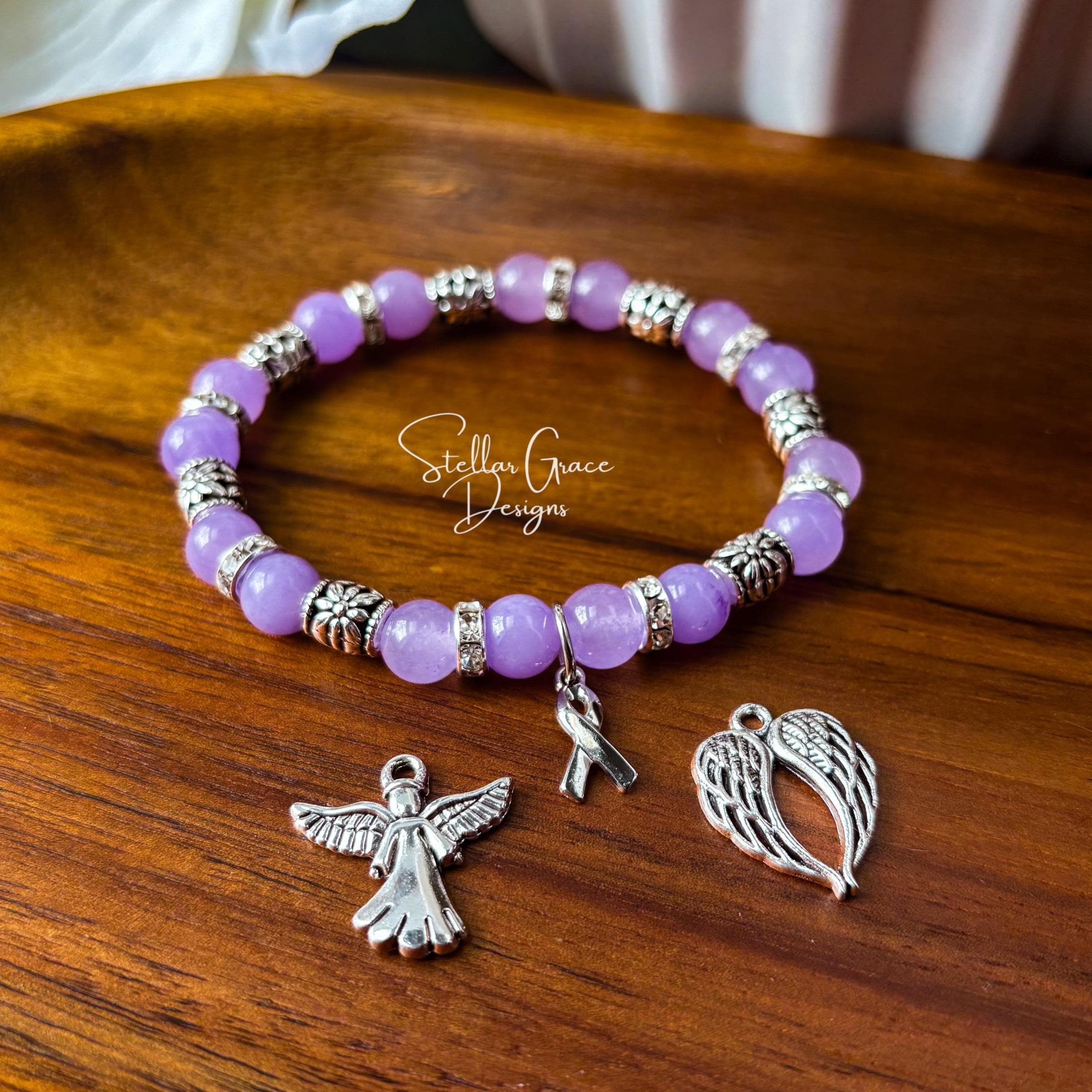 Terafight 健康アクセサリー 紫と白 Lavender Quartz Cancer Survivor Awareness Elastic Bracelet| 8mm