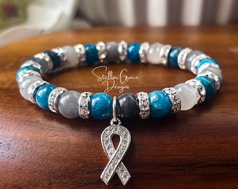 Sterling Silver Diabetes Awareness Bracelet| 8mm Genuine Blue Apatite Gemstone, Gray Quartz, & Preciosa Crystal Accents| T1D