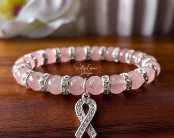 Sterling Silver & Genuine Rose Quartz Crystal Breast Cancer Awareness Bracelet| Preciosa Crystal Accents| 8mm AAA Beads| Mastectomy Gift