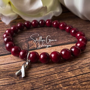 Multiple Myeloma, Sickle Cell Anemia, Meningitis, Cancer| Burgundy Ribbon Awareness Bracelet| 8mm Beads| Metal-Bead-Free