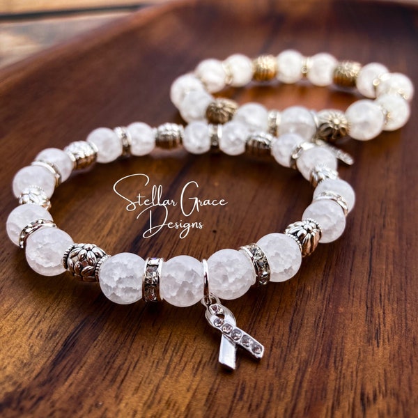 Lung Cancer Awareness Bracelet 6.75”| White Quartz Beaded Bracelet| White Ribbon Awareness