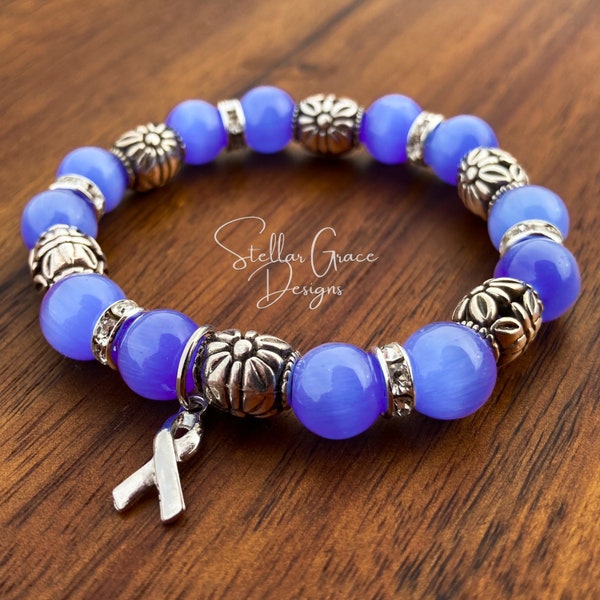 Periwinkle Awareness Bracelet| 10mm Beads 6.75”| Stomach/Esophageal Cancer, Eating Disorder, GERD, IBS Awareness Bracelet