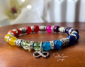 Autism & Neurodiversity Acceptance Rainbow Bracelet| 8mm Gemstone Beads| Rainbow Infinity Symbol| Autism Spectrum Disorder| Neurodivergent