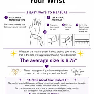 May include: An instructional graphic titled How to Measure Your Wrist, featuring two methods: using a paper measuring tape or a string and ruler. It includes diagrams, text about finding a snug fit, the average size of 6.75 inches, and sizing tips.