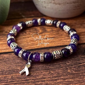 Purple Agate Awareness Bracelet| Lupus, Cystic Fibrosis, Pancreatic Cancer, Alzheimer’s, Chiari, Epilepsy, Sjogrens | 8mm Beads 6.75”