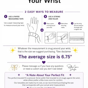 May include: An instructional graphic titled How to Measure Your Wrist, featuring two methods: using a paper measuring tape or a string and ruler. It includes diagrams, text about finding a snug fit, the average size of 6.75 inches, and sizing tips.