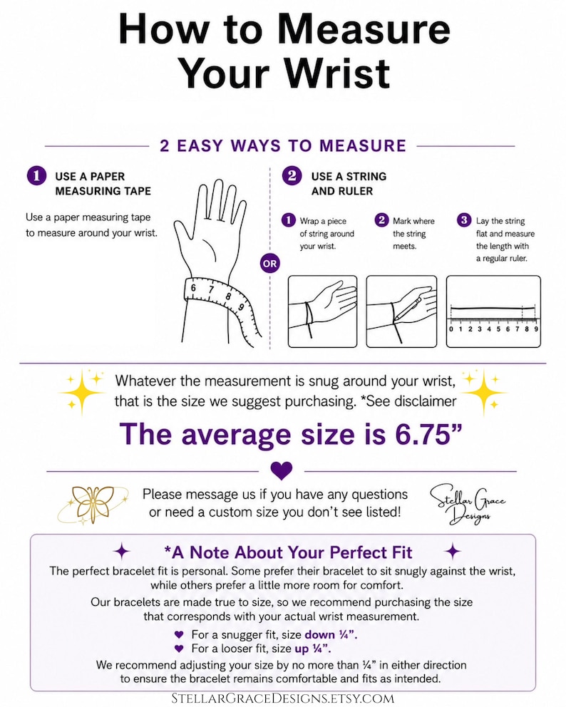 May include: An instructional graphic titled How to Measure Your Wrist, featuring two methods: using a paper measuring tape or a string and ruler. It includes diagrams, text about finding a snug fit, the average size of 6.75 inches, and sizing tips.