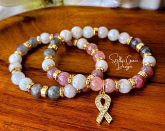 The Hope Bracelet| Cancer & Chronic Illness Warrior| Single Elastic Bracelet| 8mm Rainbow Moonstone, Rose Quartz, Labradorite, Gold Preciosa