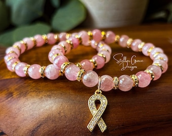 Genuine Mauve Rose Quartz Breast Cancer Awareness Elastic Stacking Bracelets| 8mm Genuine Rare Mauve Rose Quartz| Gold Preciosa Accents