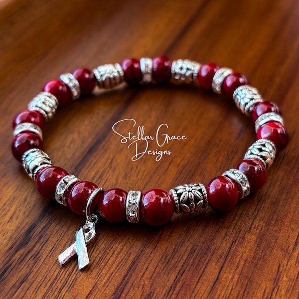 Multiple Myeloma, Sickle Cell Anemia, Meningitis, Cancer| Burgundy Ribbon Awareness Bracelet| 8mm Beads 6.75”