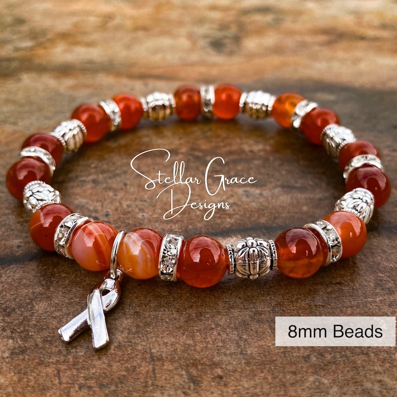 Leukemia, Multiple Sclerosis, FND, COPD, CRPS, Kidney Cancer, Emphysema, Elastic Awareness Bracelet 6.75”| Orange Fire Agate Gemstone 8mm