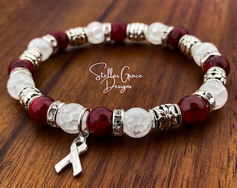 Head & Neck Cancer Awareness Elastic Bracelet| 8mm Burgundy and White Quartz Beads 6.75”| Gemstone Jewelry Gift