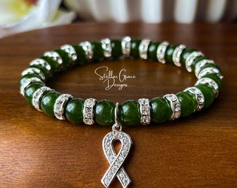 Genuine Green Jade & Silver Awareness Bracelet| CKD, Liver Cancer