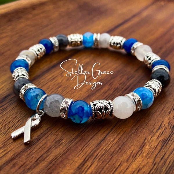 Diabetes Gemstone Awareness Bracelet| 8mm Blue Agate and Gray Quartz Beads 6.75”| T1D Awareness