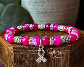 Knock Out Breast Cancer Awareness Bracelet, 8mm Striped Fuschia Hot Pink Beaded Bracelet