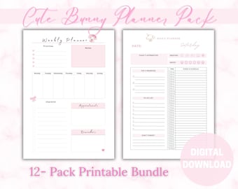 Kawaii, Cute Bunny, Weekly Planner, Daily Checklist, Digital Planning Sheets, Printable Planner