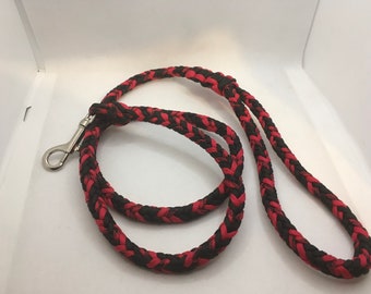 May include: A black and red braided dog leash with a silver clip.