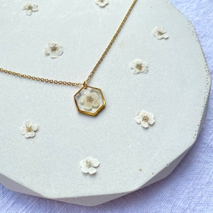 Pressed White Blossom Necklace in Gold, real flower necklace, minimal resin jewellery