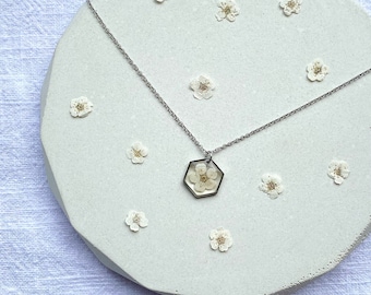 Pressed White Blossom Necklace in Silver, real flower necklace, minimal resin jewellery