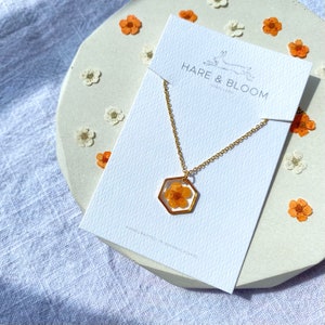 Pressed Orange Blossom Necklace in Gold, real flower necklace, minimal resin jewellery