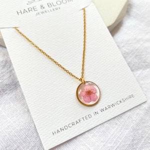 Dainty Pink Blossom Necklace in Gold, real flower necklace, minimalist floral jewellery