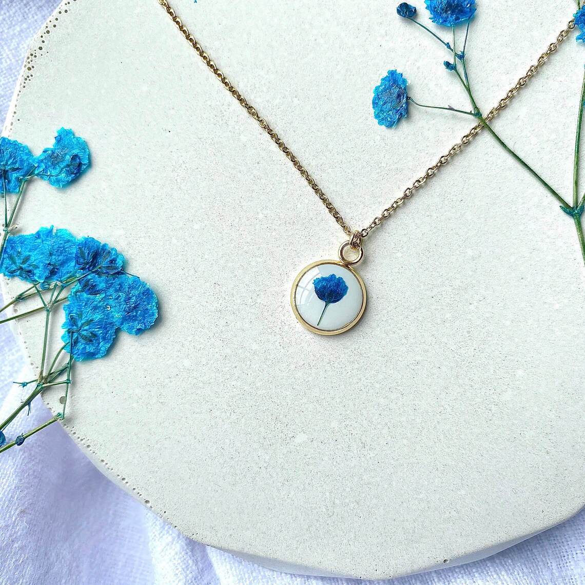 Pressed Blue Gypsophila Flower Necklace in Gold Real Pressed Etsy
