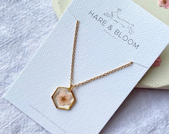 Pressed Pink Blossom Necklace in Gold, real flower necklace, minimalist resin jewellery