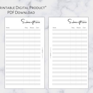 May include: Printable subscription tracker with two columns, each with headings for name, frequency, renew, and cost. The title of the tracker is "Subscriptions".
