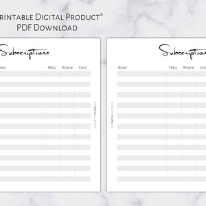 A6 Subscriptions Tracker | Printable Planner Insert | A6 Size | 6 Ring Planner