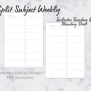 A6 Split Subject Weekly Insert | Planner para impressão | Tamanho A6 | Planner de 6 anéis